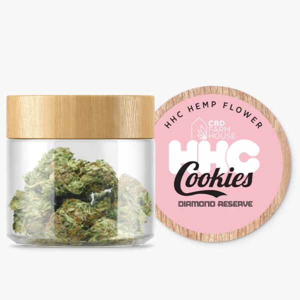 Clear jar containing hexahydro-cannabinoid hemp flower, Cookies