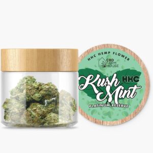 Clear jar containing hexahydro-cannabinoid hemp flower, Kush Mint